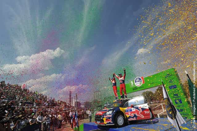 Sebastien Loeb of France and Daniel Elena of Monaco celebrate their victory during day three of the WRC Rally Mexico