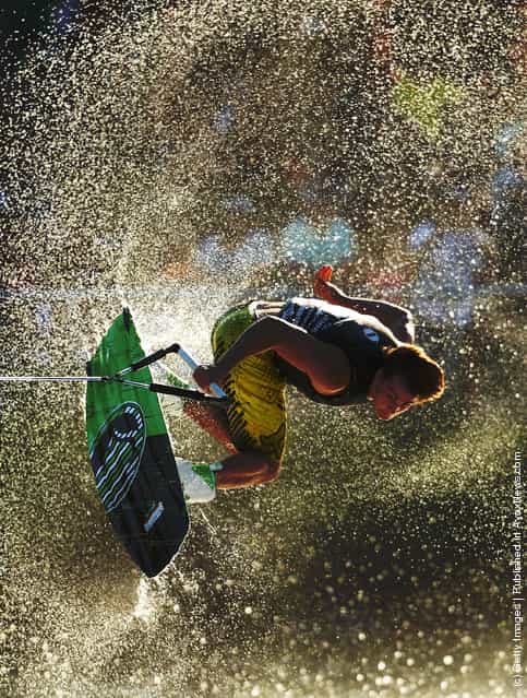 A competitor in action during the Mens Wakeboard event in the Moomba Masters Water Ski International Invitational Championships during the Moomba Festival