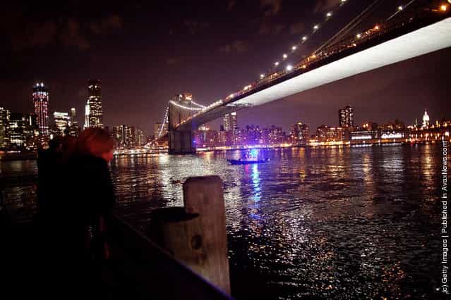 The Brooklyn Bridge is seen after a crane pulled by a tug boat on the East River slammed into scaffolding beneath the Bridge