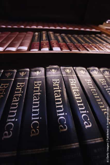Encyclopedia Britannica editions are seen at the New York Public Library