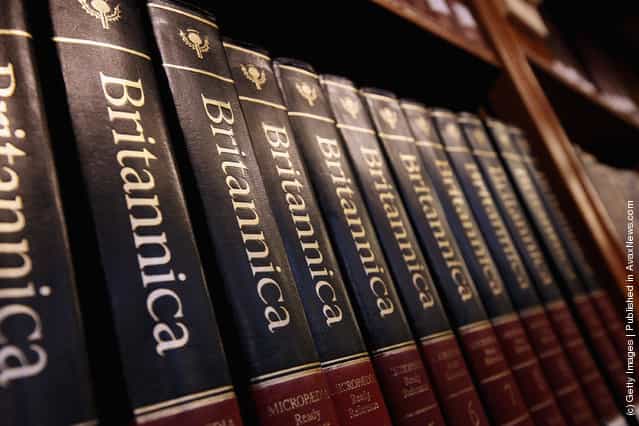 Encyclopedia Britannica editions are seen at the New York Public Library