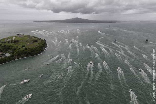 The fleet of Volvo Open 70's head out into open water, at the start of leg 5 from Auckland, New Zealand to Itajai, Brazil, during the Volvo Ocean Race 2011-12