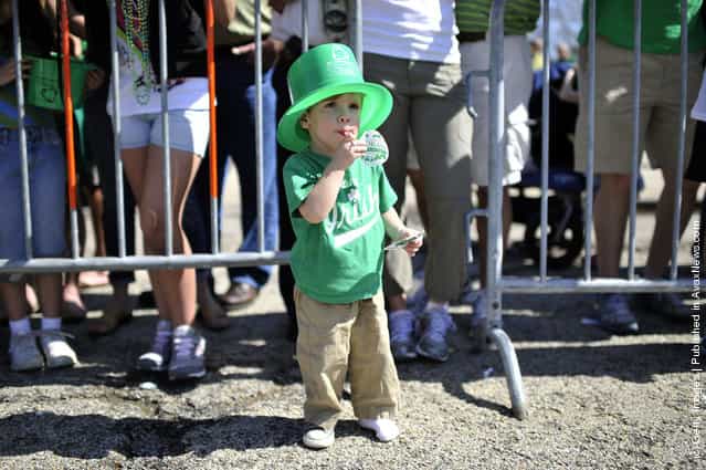 Timmy Karnezis, 2, watches the St. Patricks Day parade on March 17, 2012 in Chicago