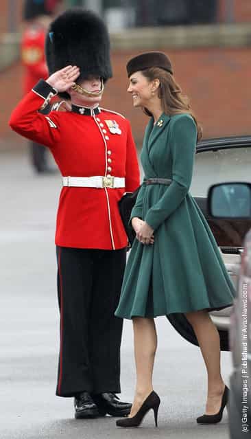 Catherine, Duchess of Cambridge takes part in a St Patricks Day parade as she visits Aldershot Barracks on St Patricks Day on March 17, 2012 in Aldershot, England