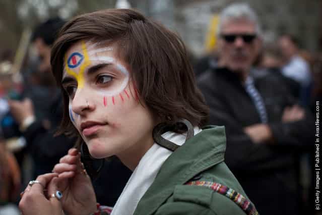 An Occupy Wall Street protester is seen in Union Square at the end of a march from Zuccotti Park to Union Square