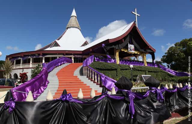 The Catholic church is drapped in black and purple material for the State Funeral held for King George Tupou V at Malaekula