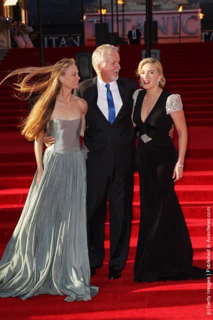 L-R Suzy Amis, James Cameron and Kate Winslet attend the world premiere of Titanic 3D at The Royal Albert Hall