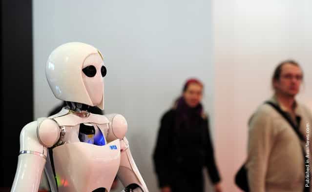 The robot AILA (Artificial Intelligence Lightweight Android) is featured at the CeBIT IT fair on March 3, 2011, in Hanover, Germany