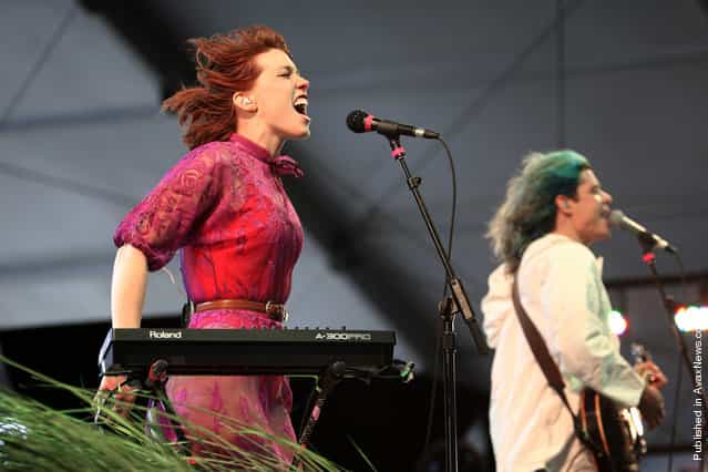 Hannah Hooper (left) performs with Grouplove at Coachella 2012, on April 13, 2012