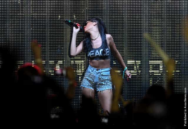 Singer Rihanna gives a performance at Coachella 2012, on April 15, 2012