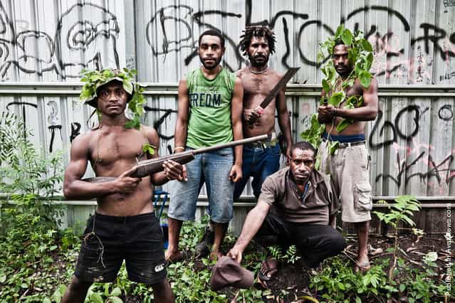 Members of the Raskol gang [Dirty Dons 585], 9 Mile Settlement, Port Moresby. All of these young men committed a set of rapes and armed robberies. The gang members admit that two thirds of their victims are women