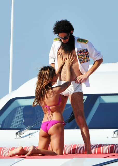 Admiral General Aladeen and supermodel Elisabetta Canalis spotted on a luxury yacht at Hotel Du Cap during 65th Annual Cannes Film Festival