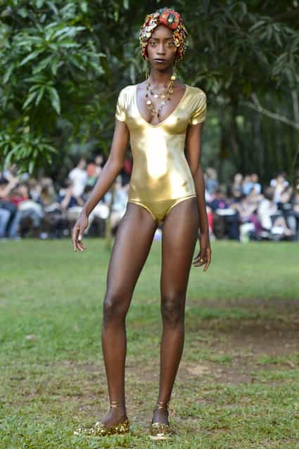 A model walks the runway during the Neon Sao Paulo Fashion Week Spring/Summer 2013 Collections Show on June 14, 2012 in Sao Paulo, Brazil