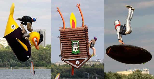 Enthusiasts compete to fly the longest distance in self-made aircrafts in an attempt to win the Red Bull Flugtag Moscow 2011 contest in Moscow. (Photo by Associated Press/AFP)