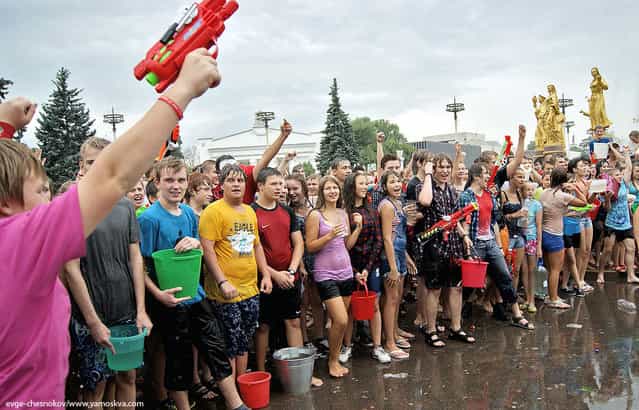 Flashmob: Water Battle on All-Russian Exhibition Center in Moscow, Russia, on August 5, 2012