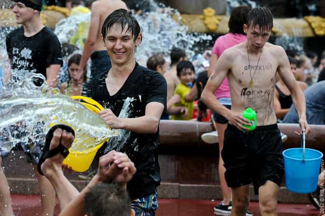 Flashmob: Water Battle on All-Russian Exhibition Center in Moscow, Russia, on August 5, 2012