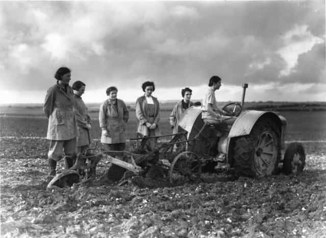 A few months after the start of world war II members of the Women's Land Army stand round their tractor plough observing a minute's silence in honour of Armistice Day for the 1st world war! 11th November 1939. (Photo by Fox Photos)