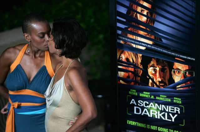 Actresses Colette Divine and J. Karen Thomas arrive at the Los Angeles premiere of [A Scanner Darkly] during Los Angeles Film Festival at the John Anson Ford Amphitheatre on June 29, 2006 in Los Angeles, California. (Photo by Frazer Harrison)