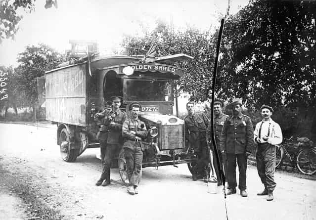 British army transport at La Ferte-Sous-Jouarre, using a commandeered [Robinson's Golden Shred'] delivery van, 1914.
