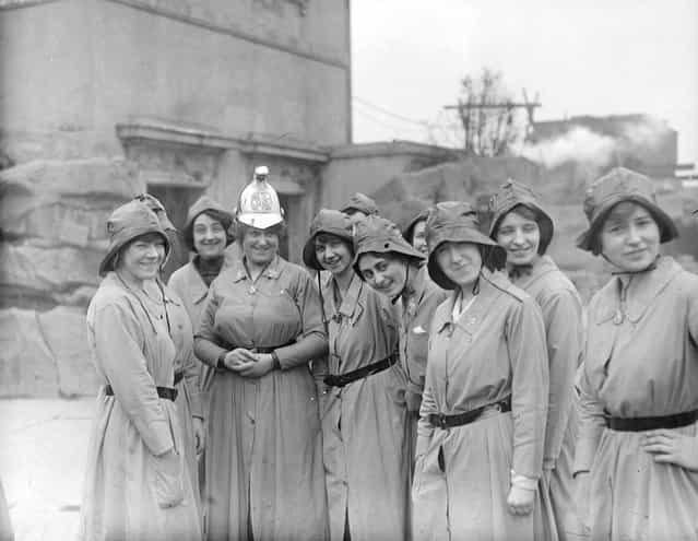 Members of the Women's Fire Brigade with their Chief Officer, March 1916. (Photo by Topical Press Agency)