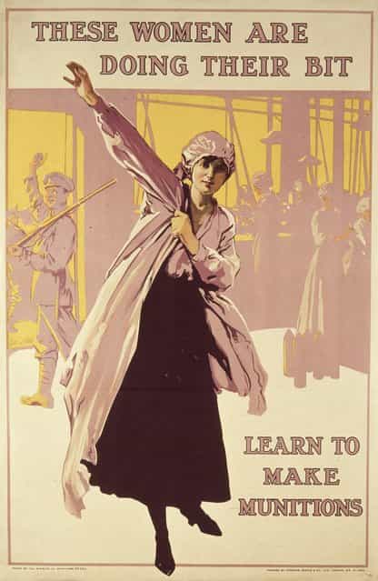 A British recruitment poster urging women to work in the munitions factories as part of Britain's homefront during World War I, circa 1916. (Photo by Hulton Archive)
