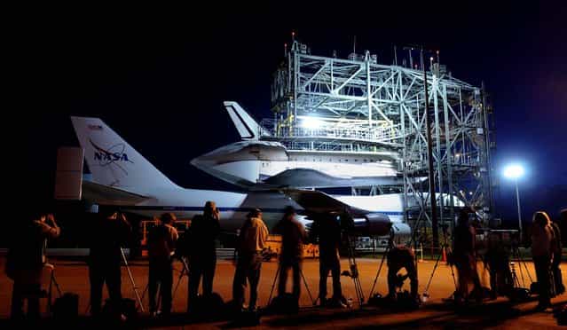 The space shuttle Endeavour is prepared Sunday, September 16, 2012 for transport on a modified Boeing 747 aircraft at the Kennedy Space Center in Cape Canaveral. The retired spacecraft was the replacement for the destroyed Challenger. (Photo by Tim Shortt/Florida Today)