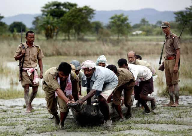 Forest officials and villagers pull a boat as they search for the rhinoceros on Tuesday. (Anupam Nath/Associated Press)