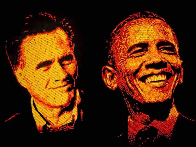 Portraits of Mitt Romney and President Barack Obama made en of more than 2,000 Cheetos each by Colorado Springs, Colorado, artist Jason Baalman, on October 2, 2012. Facebook fans are encouraged to vote for their favorite one for a chance to win a portrait. (Photo by Jack Dempsey/Invision)