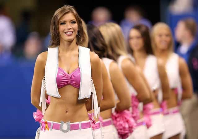 Indianapolis Colts cheerleaders are pictured during the NFL game against the Green Bay Packers at Lucas Oil Stadium on October 7, 2012 in Indianapolis, Indiana. (Photo by Andy Lyons)