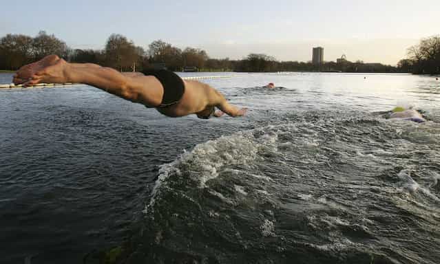 Saturday morning Serpentine Lido swimmers brave cold waters of 4 degrees celsius on January 5, 2008 in London. The swimmers meet every Saturday morning of the year regardless of weather conditions. (Photo by Cate Gillon)