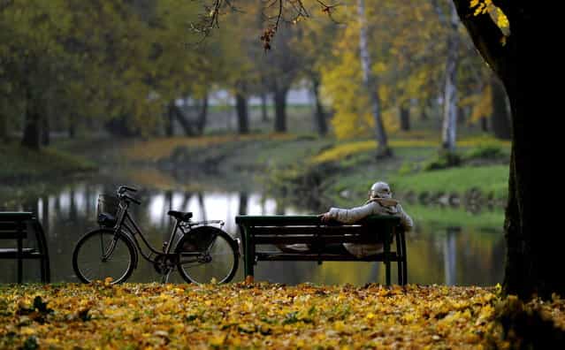 A woman, seated on a bench, enjoys the pleasant and unusually warm weather for this period of the year, at a park in Skopje, Macedonia, Sunday, November 18, 2012. (Photo by Boris Grdanoski/AP Photo)