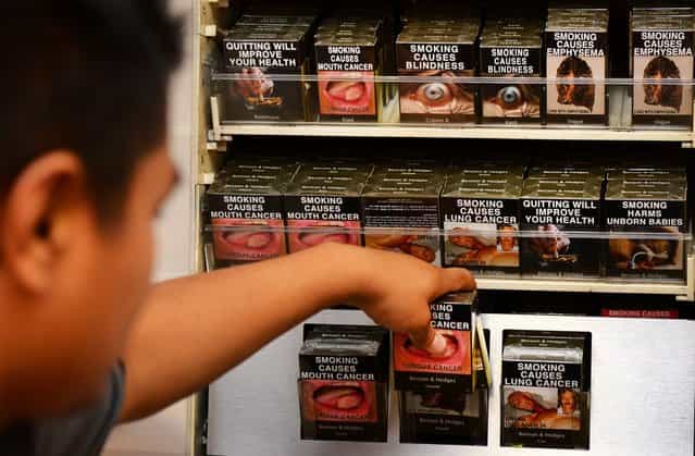 An employee in a bookshop adjusts packaged cigarettes which have to be sold in identical olive-brown packets bearing the same typeface and largely covered with graphic health warnings, with the same style of writing so the only identifier of a brand will be the name on the packet, in Sydney on December 1, 2012. A new world-first law forcing tobacco companies to sell cigarettes in identical packets came into effect Saturday in Australia in an effort to strip any glamour from smoking and prevent young people from taking up the habit. AFP PHOTO/William WEST (Photo credit should read WILLIAM WEST/AFP/Getty Images)