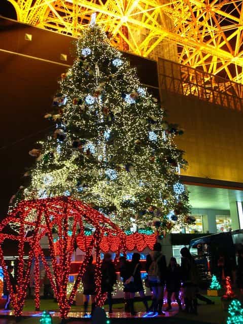A giant Christmas tree stands below Tokyo Tower. (Photo by Japan Today)