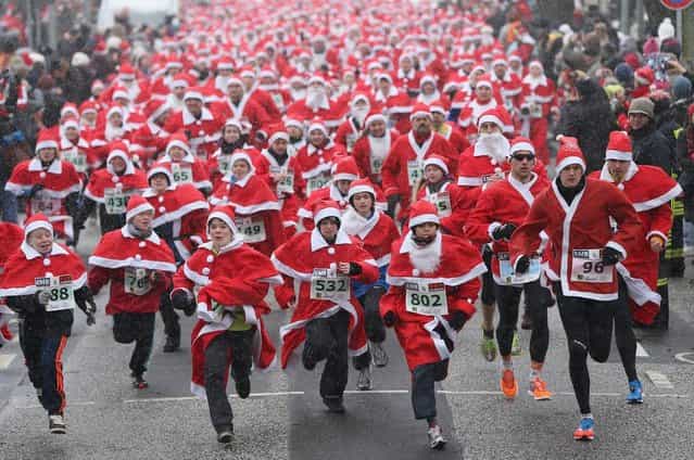 Participants dressed as Santa Claus take off in the 4th annual Michendorf Santa Run (Michendorfer Nikolauslauf) on December 9, 2012 in Michendorf, Germany. Over 800 people took part in this year's races that included children's and adults' races. (Photo by Sean Gallup)