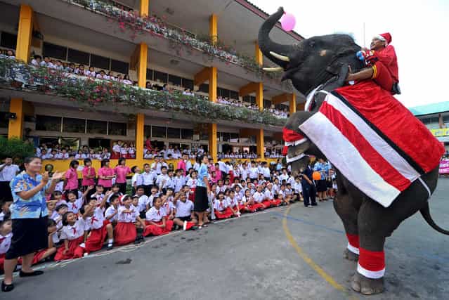 An elephant dressed in a Santa Claus costume performs by standing on its hind legs before giving out gifts to students to mark the Christmas season at a school in Ayutthaya province on December 24, 2010. The event was held as part of a campaign to promote Christmas in Thailand. AFP PHOTO / PORNCHAI KITTIWONGSAKUL (Photo credit should read PORNCHAI KITTIWONGSAKUL/AFP/Getty Images)