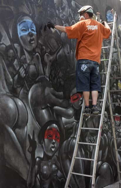 French street artist Lazoo spray paints a design during a demonstration at the second edition of the International Graffiti Fine Art Biennial at the Brazilian Museum of Sculpture, MuBE, in Sao Paulo, Brazil, Tuesday, January 22, 2013. The event runs from January 22 – February 24 and features work of more than 50 street artists, representing 11 countries. (Photo by Andre Penner/AP Photo)