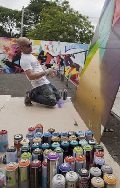 Nederlander street artist Karski takes a moment to appraise the formation of his graffiti art during a demonstration at the second edition of the International Graffiti Fine Art Biennial at the Brazilian Museum of Sculpture, MuBE, in Sao Paulo, Brazil, Tuesday, January 22, 2013. The event runs from January 22 – February 24 and features work of more than 50 street artists, representing 11 countries. (Photo by Andre Penner/AP Photo)