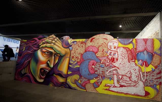 A graffiti creation by Canadian artist Shalak is on display during the second edition of the International Graffiti Fine Art Biennial at the Brazilian Museum of Sculpture, MuBE, in Sao Paulo, Brazil, Tuesday, January 22, 2013. The event runs from January 22 – February 24 and features work of more than 50 street artists, representing 11 countries. (Photo by Andre Penner/AP Photo)
