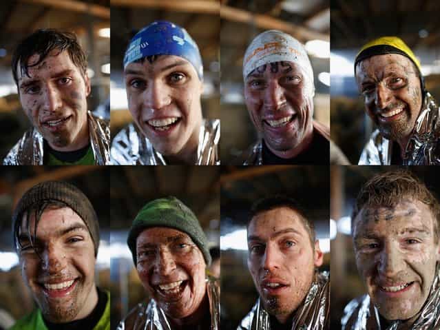 In this photo montage, competitors pose for a portrait after completing the Tough Guy Challenge on January 27, 2013 in Telford, England. (Photo by Harry Engels)