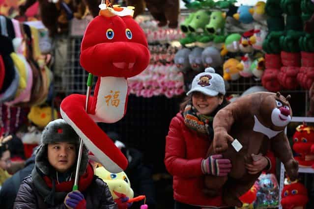 A vendor shows the toy of snake at the Spring Festival Temple Fair for celebrating Chinese Lunar New Year of Snake at the Temple of Earth park on February 9, 2013 in Beijing, China. The Chinese Lunar New Year of Snake also known as the Spring Festival, which is based on the Lunisolar Chinese calendar, is celebrated from the first day of the first month of the lunar year and ends with Lantern Festival on the Fifteenth day. (Photo by Feng Li)