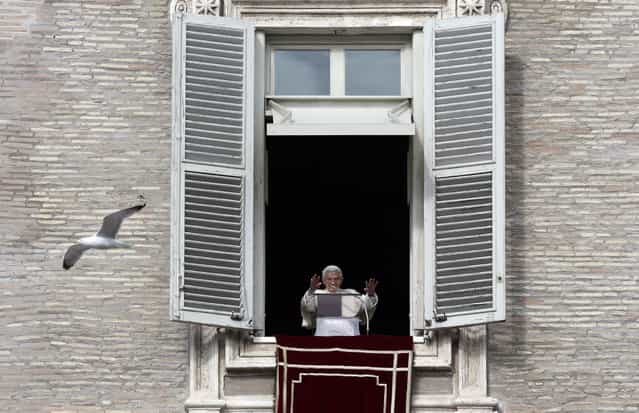 A seagull flies past Pope Benedict XVI delivering his blessing during the Angelus prayer he celebrated from the window of his studio overlooking St. Peter's Square at the Vatican, Sunday, February 3, 2013. (Photo by Alessandra Tarantino/AP Photo)