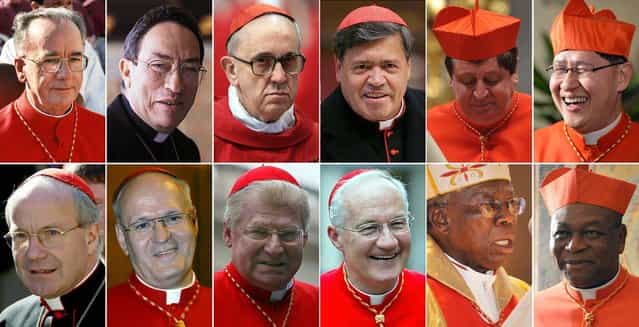 This combo made with twelve file picture on February 11, 2013 shows Cardinals likely to succeed to Pope Benedict XVI who announced today he will step down at the end of this month after an eight-year pontificate. Top row from left : Brazilian Cardinal Claudio Hummes, Honduran Cardinal Oscar Andres Rodrigues Maradiaga, Argentine Archbishop Jorge Mario Bergoglio, Mexican Cardinal Norberto Rivera Carrera, Brazilian Joao Braz de Aviz, and Philippines' Luis Antonio Tagle. Bottom row from left : Austrian Cristoph Schonborn, Hungarian Peter Erdoe, Italian Angelo Scola, Canadian Marc Ouellet, Nigerian Francis Arinze, and Nigerian John Onaiyekan. (Photo Desk/AFP Photo)