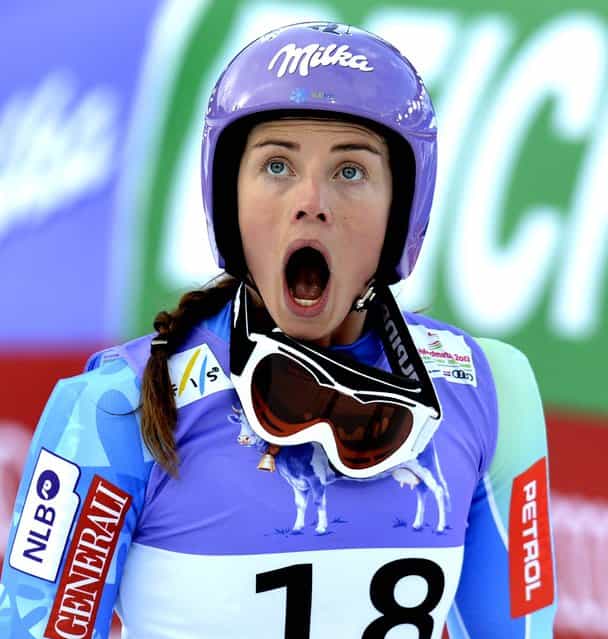 Slovenia's Tina Maze reacts as she sees Vonn crashing during the women's super-G on February 5, 2013. (Photo by Kerstin Joensson/Associated Press)