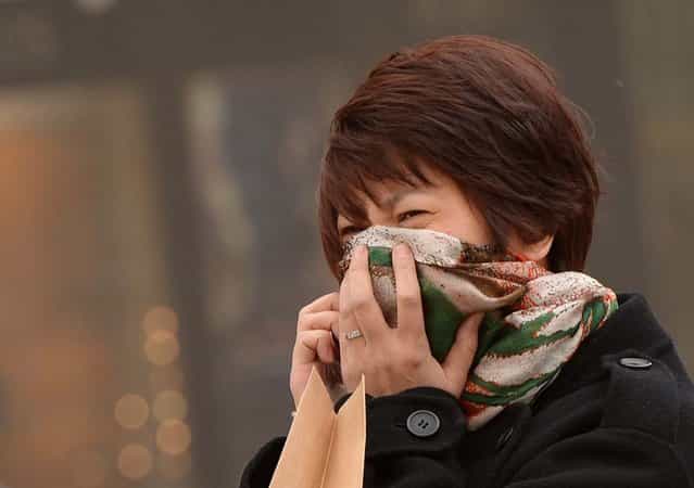 A Chinese woman tries to protect herself as Beijing is hit by a sandstorm as well as air quality worse than the highest classification of [hazardous] on February 28, 2013. State media reported that Beijing air pollution levels reached extremely hazardous levels for the second time this week as citizens struggled to protect themselves from the two-pronged hazards of dust and pollution. (Photo by Mark Ralston/AFP Photo)