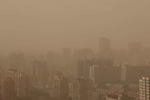A general view of the skyline in the sandstorm on February 28, 2013 in Beijing, China. Beijing was hit by its first sandstorm of the year while its air quality reached dangerous level on Thursday. (Photo by Feng Li)