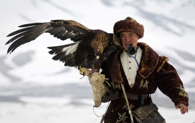 A Kazakh hunter walks with his tamed golden eagle during an annual hunting competition in Chengelsy Gorge, some 150 km (93 miles) east of Almaty February 22, 2013. (Photo by Shamil Zhumatov/Reuters)