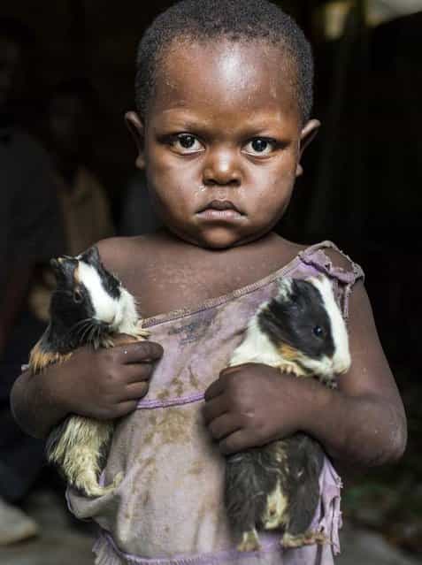 A girl carries two guinea pigs she was given during a distribution of the animals to her community as part of a food security program of Action Against Hunger International (ACF) in Karete, Democratic Republic of Congo, on February 19, 2013. More than 500 guinea pigs were distributed to the locals by the non-profit organization that focuses mainly on nutrition and hunger prevention. (Photo by Jana Asenbrennerova/Reuters)