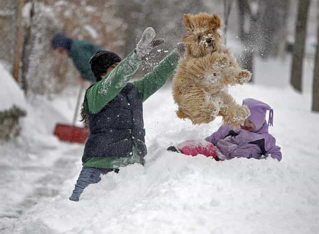 Lindsay Knutson, left, plays in the heavy snow with her family dog, Aspen, and daughter Flora Bejblik, 4, cq, as her husband Bob Bejblik, rear left, shovels, Tuesday, March 5, 2013 in southwest Minneapolis. The National Weather Service predicted a two-day snow total of 8 to 12 inches for much of southeastern and east-central Minnesota, including the Twin Cities. (Photo by Elizabeth Flores/AP Photo/The Star Tribune)