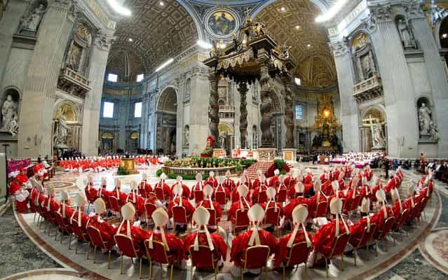The cardinals attend a Mass for the election of a new pope celebrated by Cardinal Angelo Sodano inside St. Peter's Basilica, March 12, 2013. (Photo by L'Osservatore Romano)