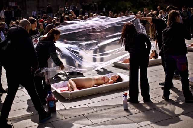 Animal rights activists from the group [Animal Equality] are covered with plastic sheets to represent meat packaging as they stage a protest during [Day Without Meat] event in Barcelona, Spain, on March 20, 2013. (Photo by Emilio Morenatti/Associated Press)